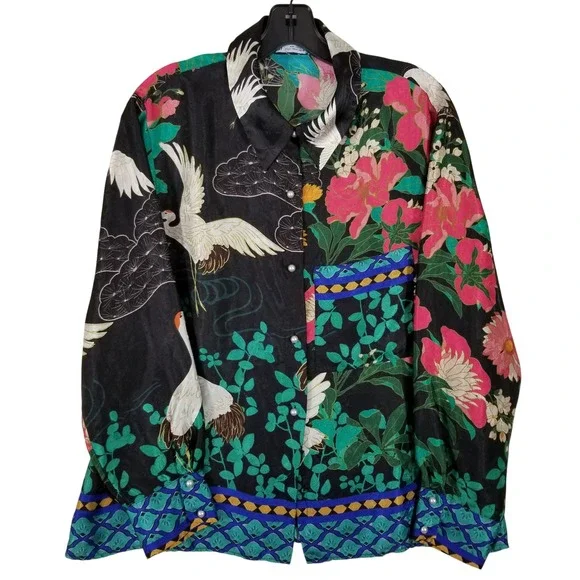 Zara XL Womens Crane Floral Print Satin Blouse Pearl Button Long Sleeve Shirt - Picture 1 of 7